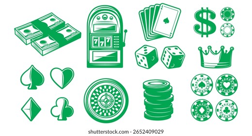 Uma ilustração monocromática cativante de elementos de cassino, incluindo uma slot machine, cartões, dados, fichas, dinheiro e uma coroa, evoca um senso de jogo de alto risco e luxo opulento.