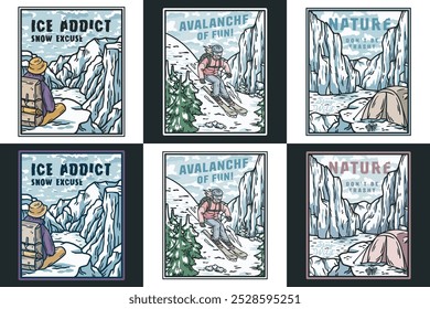 Captivating monochrome illustrations of a backpacker in snowy mountains, camping, skiing, and exploring. Ideal for outdoor enthusiasts seeking vintage charm. Perfect for clothing, stickers, badges