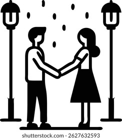 Um monocromo cativante mostra um casal de mãos dadas entre os postes. O design minimalista melhora a atmosfera romântica e intimidade do encontro à noite.