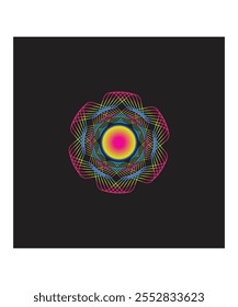 Un cautivador diseño de mandala multicolor con un núcleo brillante, sobre un elegante fondo negro. Perfecto para proyectos artísticos, temas espirituales o usos decorativos.