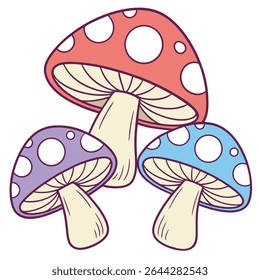 Cena cativante de cogumelos mostrando três fungos com bonés vibrantes, um cogumelo vermelho com manchas, um cogumelo azul e um cogumelo roxo, todos em pé contra um fundo branco limpo.