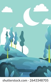 A captivating mystical night landscape illustration, featuring a crescent moon and clouds above a serene forest with rolling hills