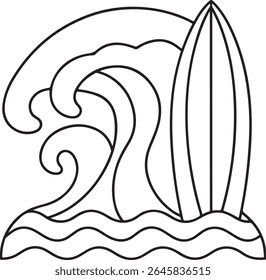 Um desenho de contorno cativante mostra uma onda dinâmica elegantemente em cascata ao lado de uma prancha de surfe elegante que fica firmemente no chão arenoso. Essa composição artística captura a essência do surfe.