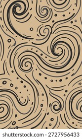 Um padrão cativante de linhas pretas giratórias e pequenos pontos em um fundo bege claro, criando um design dinâmico e artístico.