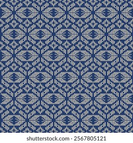 A captivating pattern emerges with repetitive eye motifs, set against a rich navy blue background. The design interweaves subtle cream accents, creating an engaging visual experience.