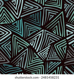 A captivating pattern of interlocking geometric shapes in teal, blue, and beige, exuding organized chaos and symmetry.