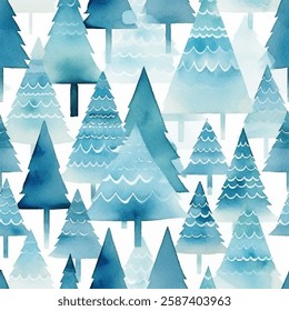 A captivating pattern of pine trees in varying shades of blue, creating a serene and picturesque atmosphere reminiscent of a cool forest, seamless watercolor vector pattern