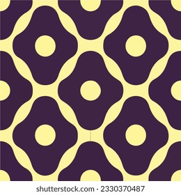 Captivating pattern in purple and yellow, adorned with circles that create a mesmerizing seamless symmetry. Perfect for fabric designs or as a repeating pattern.