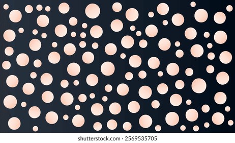 A captivating pattern of various sized rose gold circles scattered on a dark navy blue background.