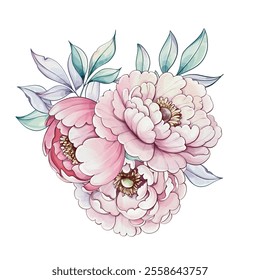 Captivating peonies in soft pink and white hues unveil their beauty with detailed petals and lush green leaves, evoking a serene spring ambiance