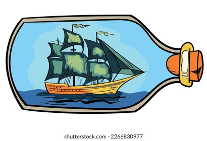 Captivating pirate ship in a bottle illustration, showcasing a stunning maritime scene with intricate details. Perfect for nautical-themed designs, collectors, and enthusiasts.