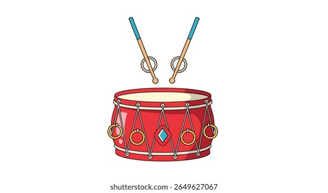 Captivating pixel art red drum with drumsticks ready to strike a rhythmic beat for musical performance