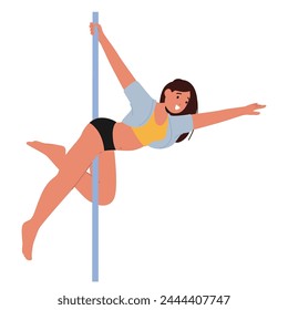 Fesselnder Stangentänzer-Charakter in lebendiger Kleidung, elegant bewegt sich mit faszinierender Fluidität, beherrscht Aufmerksamkeit mit atemberaubendem Spin und eleganter Verlängerung. Cartoon Menschen Vektorillustration