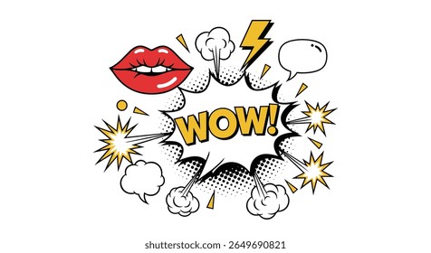 Captivating pop art explosion featuring bright red lips a lightning bolt and bold yellow wow typography illustration