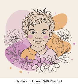 a captivating poster featuring a line drawing of a baby boy with beautiful flower and coloring background. 