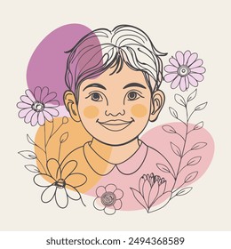un cartel cautivador con un dibujo de una línea de un niño con hermosa flor y fondo de color. 