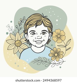 a captivating poster featuring a line drawing of a baby boy with beautiful flower and coloring background. 