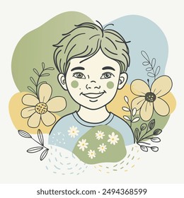 a captivating poster featuring a line drawing of a baby boy with beautiful flower and coloring background. 