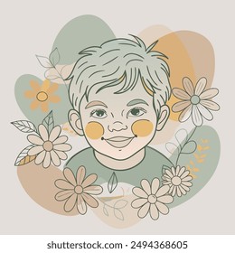 a captivating poster featuring a line drawing of a baby boy with beautiful flower and coloring background. 