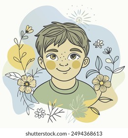 a captivating poster featuring a line drawing of a baby boy with beautiful flower and coloring background. 