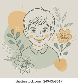 un cartel cautivador con un dibujo de una línea de un niño con hermosa flor y fondo de color. 