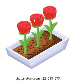 A captivating potted rose isometric icon with eye catchy effects 