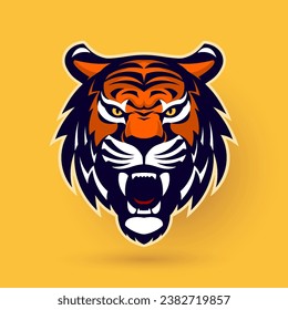 A captivating and powerful tiger head logo with a detailed design, perfect for brands seeking a strong image. It is set on a yellow background