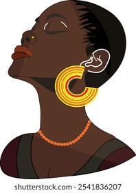 A captivating profile of an ebony woman model with closed eyes, wearing a vibrant yellow and orange circular earring and a beaded necklace. The solid grey background emphasizes her serene beauty