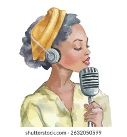 A captivating profile view of a woman, seemingly a singer, in a vintage style. She is depicted with a yellow head wrap, wearing headphones and holding a microphone.