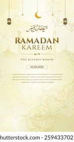 A captivating Ramadan Kareem greeting card design featuring a crescent moon, lanterns, and traditional patterns, bringing a festive and spiritual atmosphere for this holy Islamic month.