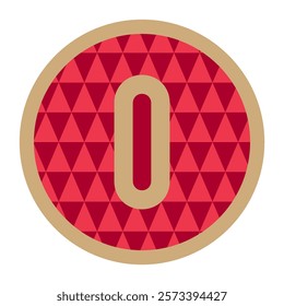 A captivating red and gold circular design showcasing the number zero with triangular patterns enclosed within a sophisticated gold border.