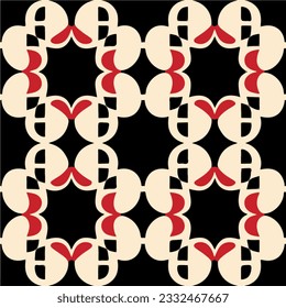 Captivating red and white pattern on a black background resembling a peppermint motif. It features a mesmerizing girih pattern within a Sierpinski gasket shape, creating a visually intriguing.