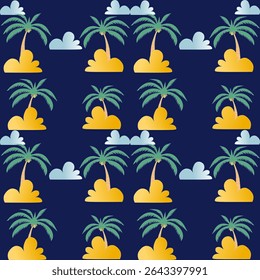 Captivating Repeating Pattern of Tropical Palm Trees Against a Dark Blue Background, Evoking a Summer Vacation Vibe and Exotic Beach Atmosphere, Perfect for Textile Design, Wallpaper, Product Packagin