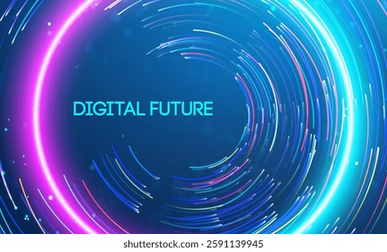 A captivating representation of the digital future, featuring glowing light trails in circular motion, symbolizing technological advancement and connectivity.