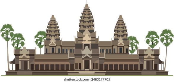 Eine faszinierende Szene entfaltet sich in dieser flachen Vektorillustration von Angkor Wat, einem zeitlosen kambodschanischen Tempel. 