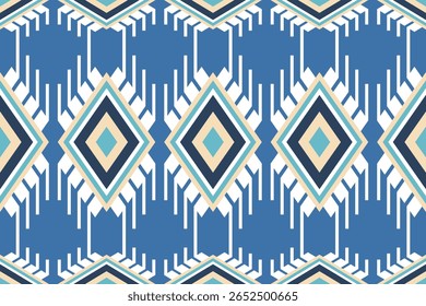 A captivating seamless geometric pattern displaying blue white and beige tones with intricate diamond and linear designs offering a stylish and versatile abstract background