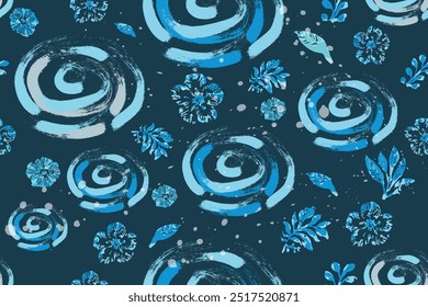 A captivating seamless pattern composed of expressive brushstrokes and floral elements.The artistic, hand-painted style adds a unique and dynamic touch