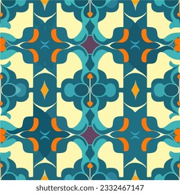 Captivating seamless pattern design with a blend of blue and orange hues, featuring abstract shapes and an elegant touch of art nouveau influence. Perfect for fabric and decorative purposes.