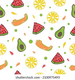 Captivating seamless pattern featuring a diverse set of hand-drawn tropical fruit icons on a white background. Perfect for enhancing designs, prints, or creating lively visual content.