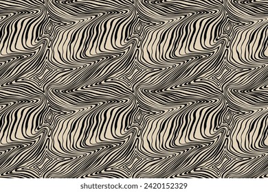 Captivating seamless pattern featuring dynamic black lines on a beige backdrop, forming an optical illusion of 3D depth. The design suggests the fluidity of liquid. Vector illustration.