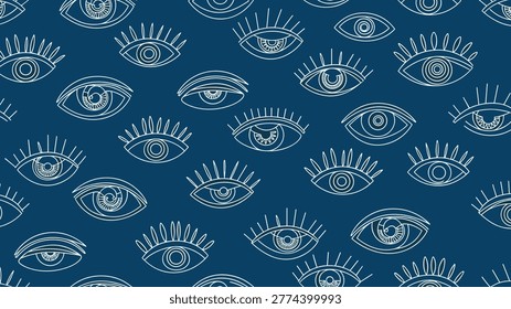 A captivating seamless pattern featuring outlined stylized eyes with long eyelashes, creating a mysterious and fashionable design on a dark blue background.