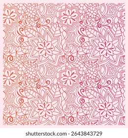 A captivating seamless pattern showcasing intricate floral and swirling line art, rendered in a beautiful gradient of red and orange hues on a light background.