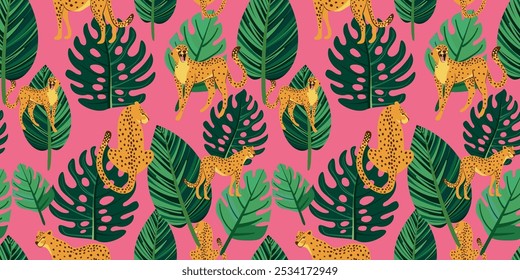 captivating seamless pattern showcasing vibrant, hand-drawn tropical plants and elegant cheetahs, perfect for adding a touch of exotic flair to your designs.