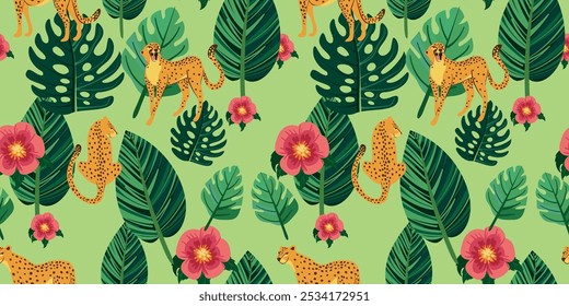 captivating seamless pattern showcasing vibrant, hand-drawn tropical plants and elegant cheetahs, perfect for adding a touch of exotic flair to your designs.