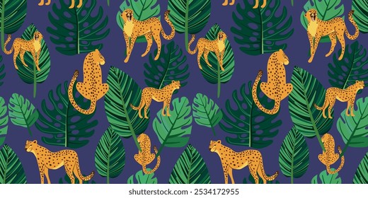 captivating seamless pattern showcasing vibrant, hand-drawn tropical plants and elegant cheetahs, perfect for adding a touch of exotic flair to your designs.
