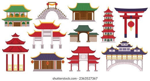 Captivating Set Of Asian Traditional Buildings Showcase Rich Cultural Heritage Through Intricate Architecture And Vibrant Colors. Chinese, Japanese or Korean Constructions. Cartoon Vector Illustration