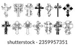 Captivating Set Of Black and White Christian Crosses Adorned With Intricate Floral Designs. Vector Set Combines Religious Symbolism With Natural Beauty, Creating A Harmonious Blend Of Faith And Nature