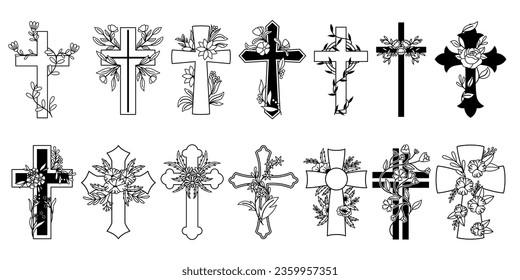 Captivating Set Of Black and White Christian Crosses Adorned With Intricate Floral Designs. Vector Set Combines Religious Symbolism With Natural Beauty, Creating A Harmonious Blend Of Faith And Nature