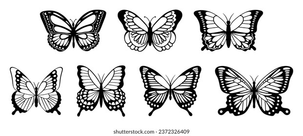 Captivating Set Of Graceful Black Butterfly Silhouettes, Each Intricately Detailed, Fluttering Against White Background, Evoking An Air Of Mystery And Elegance. Isolated Monochrome Vector Illustration