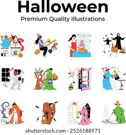 A captivating set of Halloween themed illustrations showcasing playful and spooky